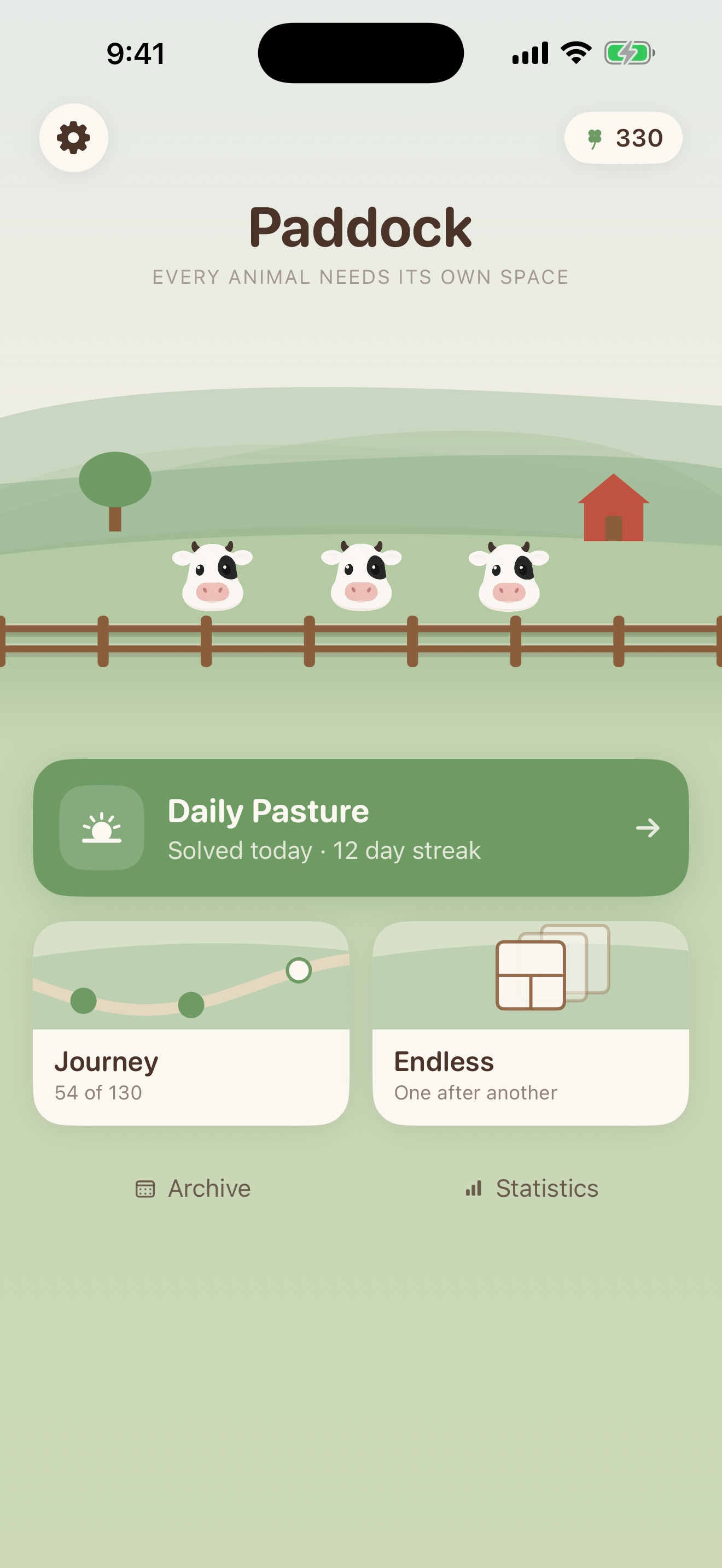 The Paddock home screen: rolling green hills with cows behind a wooden fence, a Daily Pasture card showing a twelve day streak, and cards for Journey and Endless.